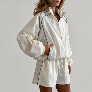 Linad Street Chic 살구 지퍼 코트 정장 여성 캐주얼 루즈 스탠드 칼라 자켓 신축성있는 허리 반바지 투피스 세트 2026