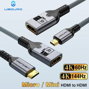 UGOURD 미니 및 마이크로 HDMI-HDMI 암 연장 케이블 0.2M 4K 144Hz 60Hz 마이크로HDMI 어댑터 코드 카메라용 미니HDMI 변환기