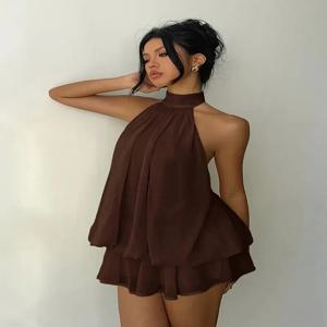 여성 홀터넥 백리스 타이 미니 드레스 여름 민소매 쉬폰 러플 짧은 드레스 섹시 클럽 파티 해변 휴가 의상