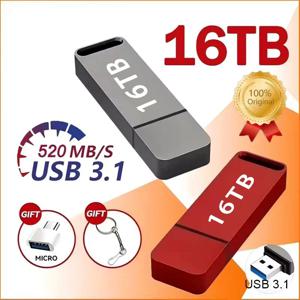 16TB USB 3.2 플래시 드라이브 520MB/s 고속 2in1 TypeC OTG 펜 드라이브 방수 대용량 저장 장치(전화 컴퓨터 PC용)