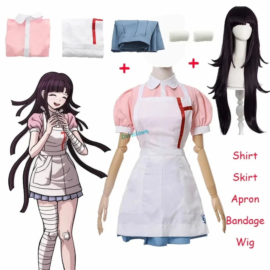 Danganronpa Mikan Tsumiki 코스프레 의상 가발 포함 애니메이션 할로윈 절망 궁극의 간호사 유니폼 메이드 의상 여성용 풀 세트