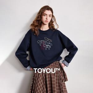 TOYOUTH 여성용 풀오버 2026 봄 신상 크루넥 체크 패치워크 더블 레이어 포니 자수 루즈 탑