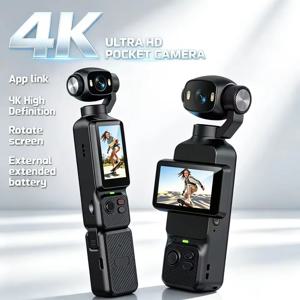 새로운 4K 핸드헬드 짐벌 액션 카메라 HD 180도 회전 렌즈, 흔들림 방지 포켓 브이로그 카메라 (야외 스포츠용, 필 라이트 포함)