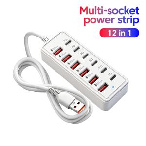 12 in 1 USB 충전 스테이션 6개 USB-A 포트, 6개 USB-C 고속 충전 멀티 포트 전원 스트립 어댑터 소켓, 케이블 허브 포함, 가정 및 사무실용
