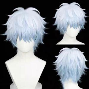 HAIRJOY ​​합성 머리 가발 GINTAMA Sakata Gintoki 코스프레 가발 짧은 곱슬 블루 화이트 코스프레 가발