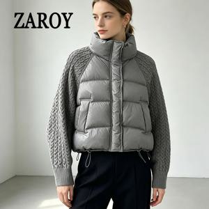 ZAROY 여성 캐주얼 푸퍼 재킷 가을 니트 소매 패치워크 코튼 퀼팅 코트 스탠드 칼라 트렌디 겨울 아우터웨어