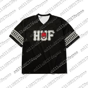 남성용 HUF SPITFIRE 스케이트보드 저지 블랙 메쉬 V넥 트라이벌 슬리브 프린트 반소매 Y2K 오버사이즈 루즈 스트리트웨어 탑