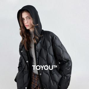 TOYOUTH 여성용 다운 재킷 2026 겨울 신상품 경량 후드형 페이크 투피스 90% 화이트 덕다운 퀼팅 아우터웨어