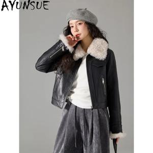 AYUNSUE 여성용 식물성 태닝 가공 양가죽 패딩 재킷, 2026년 겨울 패션, 짧은 스타일의 검은색 재킷, 여성 의류