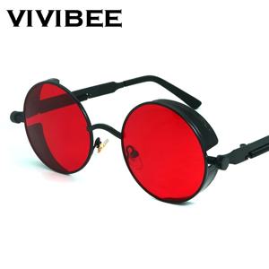 VIVIBEE 빈티지 스팀펑크 레드 선글라스 남성용 라운드 펑크 합금 메탈 레트로 선글라스 여성용 2026 고글 고딕 스타일 선글라스