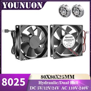 YOUNUN 80mm 8025 80X80X25MM 냉각 팬 5V/12V/24V DC 브러시리스 냉각 쿨러 팬 8025 슬리브 및 듀얼 볼 베어링 축 팬