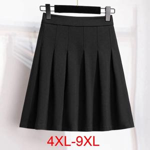 150Kg 플러스 사이즈 여성 가을 ​​느슨한 플리츠 a 라인 스커트 4XL 5XL 6XL 7XL 8XL 9XL 솔리드 탄성 허리 스커트 블랙