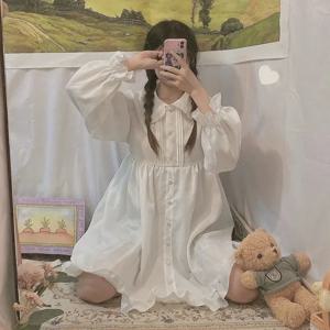 일본 달콤한 소녀 로리타 드레스 화이트 2021 여름 카와이 피터팬 칼라 귀여운 프릴 퍼프 슬리브 Drees 우아한 레이디 드레스