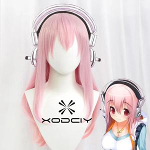 슈퍼 Sonico Supersonico 60cm 롱 핑크 옹 브르 헤어 내열성 코스프레 의상 가발 + 장난감 헤드셋 헤드폰 소품