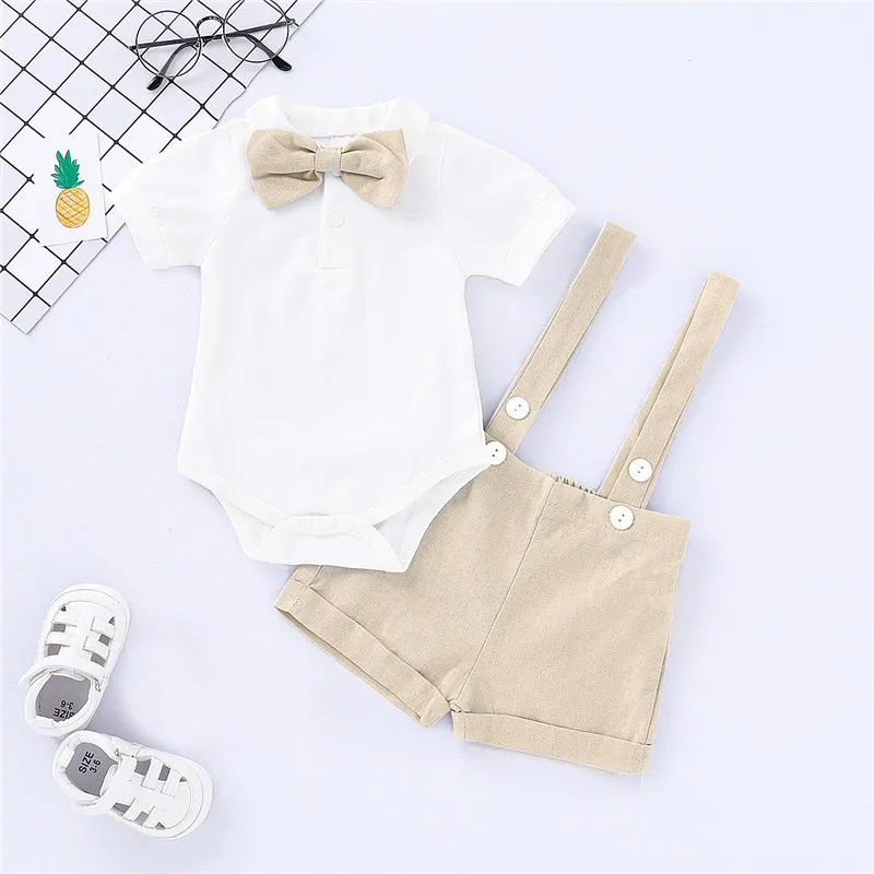 0-24 개월 신생아 아기 소년 신사 의류 세트 Bowtie 짧은 소매 면화 Romper + 서스펜더 바지 유아 여름 2PCS 의상