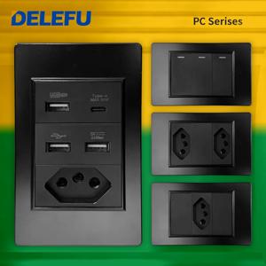 DELEFU PC 패널 내화성 USB C타입 충전 브라질 표준 콘센트 흑색 벽면 전원 조명 스위치 전기 플러그 10A 20A