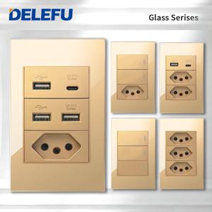 DELEFU 골드 강화 유리 브라질 표준 콘센트, 듀얼 USB C 타입 벽 소켓 조명 스위치, 스위스 10A 20A, 4*2