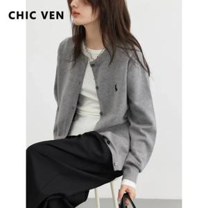 CHIC VEN 여성 티셔츠 새로운 멀티 컬러 옵션 간단한 솔리드 토끼 자수 니트 카디건 스웨터 가을 봄 2025