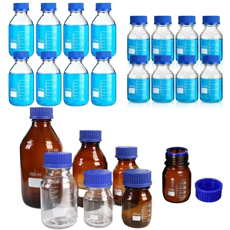 실험실 물 시약 액체 용 파란색 GL45 스크류 캡이있는 1Pcs 25-1000ml 갈색/투명 졸업 원형 유리 미디어 저장 병