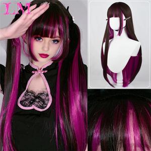 LM 블랙과 로즈 스트레이트 헤어 가발 합성 긴 물결 모양의 가발 여성용 앞머리 코스프레 자연 고온 섬유