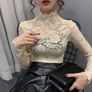 스트레치 꽃 레이스 꽃잎 슬리브 셔츠 여성 긴 소매 S-3XL T 셔츠 숙녀 관점 블라우스 탑 섹시한 레이스 티셔츠 의류
