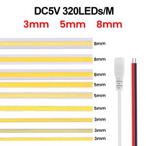 5V 12V COB 스트립 3MM 5MM 8MM FOB LED 라이트 바 320Leds/M 고밀도 유연한 리본 로프 테이프 캐비닛 라이트 3000K 4000K 6000K