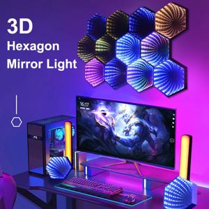 RGB 3D 육각 거울 터널 조명 LED 데스크탑 주변 램프 컴퓨팅 게임 음악 리듬 동기화 픽업 조명 룸 장식