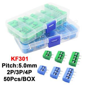 50 개/상자 녹색 파란색 피치 5.0mm 스트레이트 핀 2P 3P 나사 PCB 터미널 블록 커넥터 10A 300V 24-18AWG