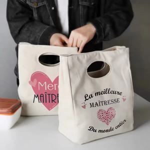 Merci Maitresse 인쇄 점심 가방 휴대용 절연 캔버스 쿨러 도시락 토트 열 학교 식품 저장 가방 교사를위한 선물