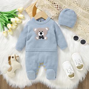 0-18m 아기 Rompers 모자 세트 봄 가을 겨울 파란색 긴 소매 니트 신생아 소년 Outwear Playsuits 모자 의상 2pcs 정장