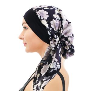 여성 Pre-Tied Turban 모자 Headscarf 이슬람 Hijab 암 Chemo 꽃 프린트 모자 커버 탈모 머리 스카프 랩 Strech Bandana