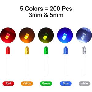 200 Pcs Led 다이오드, 3mm 5mm 투명 LED 발광 다이오드 전구 LED 램프 빨간색 녹색 파란색 노란색 흰색, 과학 실험용