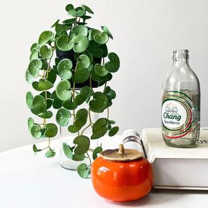 현실적인 인공 구리 동전 잔디 식물 벽 장식, 부드러운 벽걸이, 가짜 아이비 잎 잎, 수제 미니 꽃다발 정원