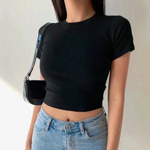 반소매 티셔츠 여성 솔리드 심플 캐주얼 소프트 올 매치 기본 크롭 탑 티셔츠 여름 패션 스키니 탑 블랙 화이트
