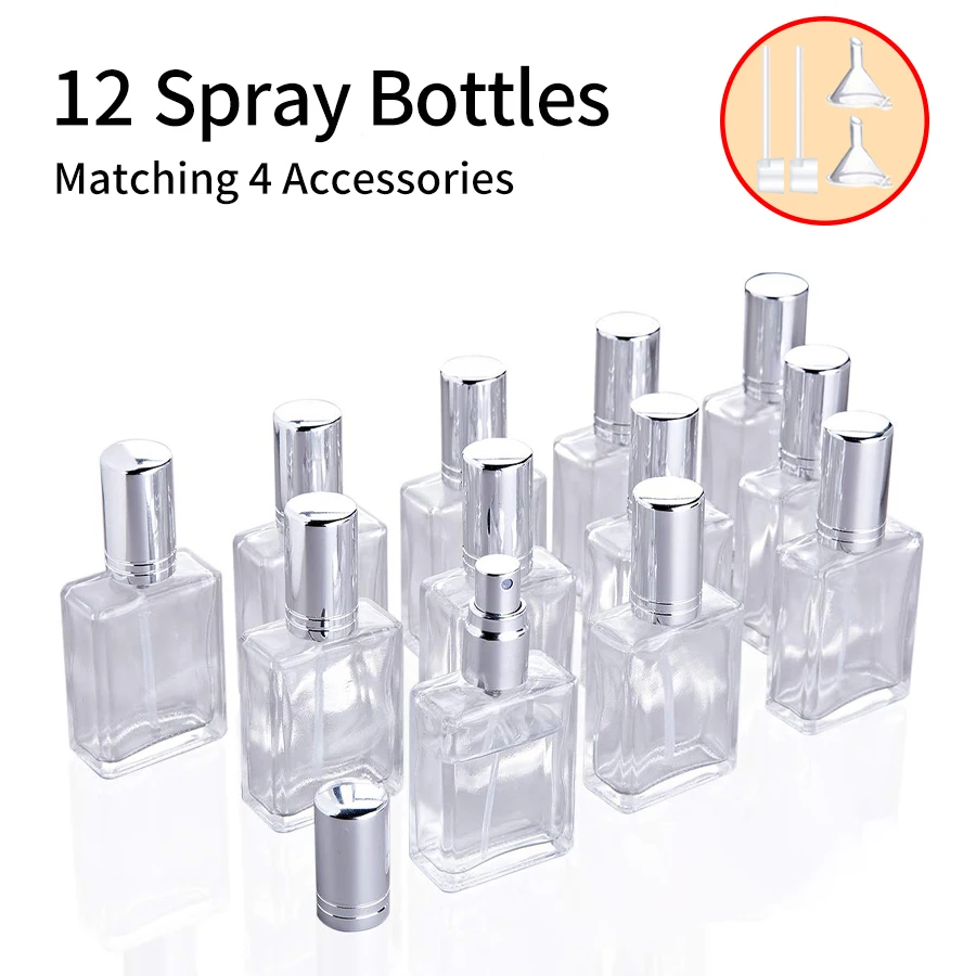 12pcs + 4 액세서리 15ml 휴대용 리필 향수 향기 분무기 빈 스프레이 병, 12 스프레이 병, 2 깔때기, 2 Droppers