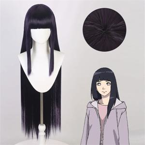 코스프레 히나타 휴가 다크 블루 긴 스트레이트 가발, 무딘 앞머리, 귀여운 소녀, 내열성 섬유, 데일리 파티 가발, 40 인치
