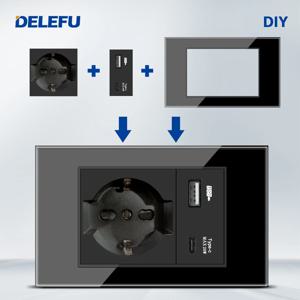 DELEFU 이탈리아식 소켓 DIY 화이트보드 USB 타입 C 도어벨 스위치 45A 20A 커튼폰 CAT5 TV HDMI SAT 블랙