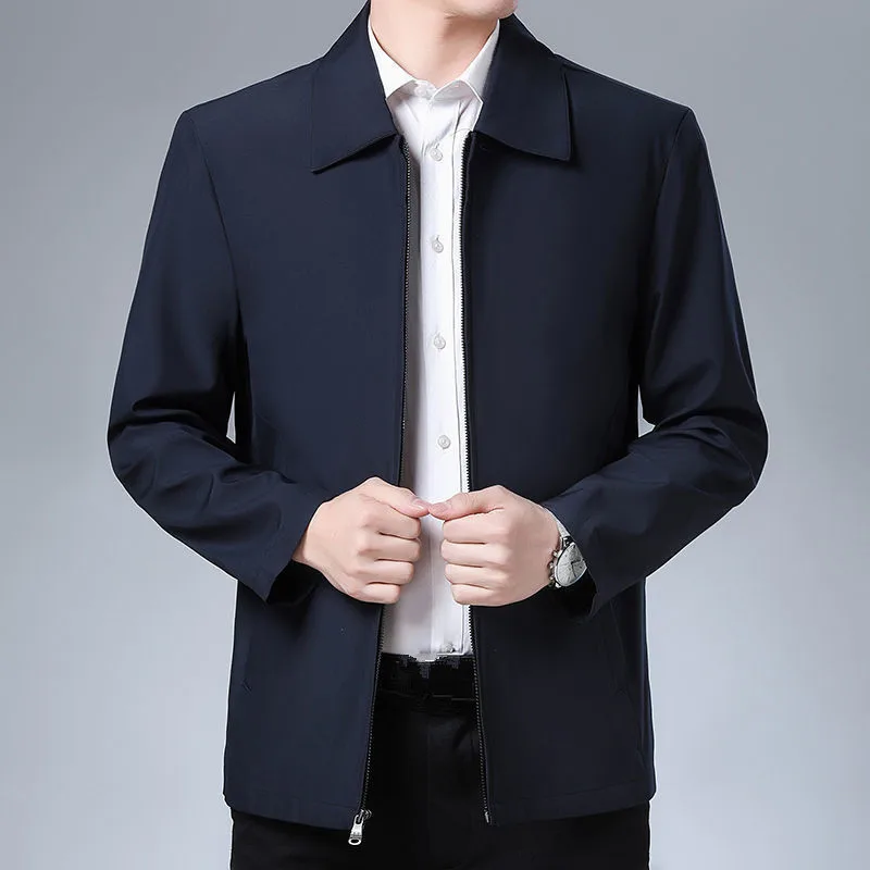 남성용 턴다운 칼라 재킷, 솔리드 비즈니스 캐주얼 아우터, 지퍼 코트, 얇은 재킷, 포멀 원피스 남성 의류, 가을