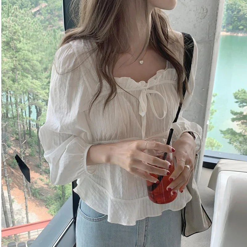 Fashoin 새로운 빈티지 느슨한 흰색 블라우스 여성 캐주얼 긴 소매 프릴 셔츠 탑 패션 스퀘어 칼라 솔리드 레이디 셔츠 11700