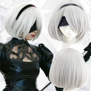 NieR: Automata 2B 9S Anime Cos 가발 실버 그레이 짧은 스트레이트 코스프레 합성 가발 YoRHa No.9 모델 S 가발