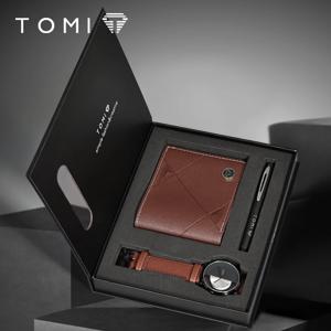 TOMI 3PCS 럭셔리 비즈니스 선물 상자 세트 남자 시계 지갑 간단한 레저 크리 에이 티브 할로우 다이얼 남자 쿼츠 시계 시계 선물