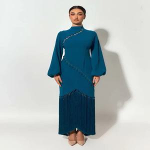 맞춤형 절묘한 저지 단추 태슬 플리츠 스트레이트 하이 칼라 미디 드레스, 무도회 드레스, 모던 스타일, 심플 포멀 하이 Q