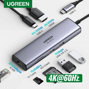 UGREEN USB C 허브 4K60Hz 7-in-1 유형 C-HDMI PD100W SD&TF RJ45 USB3.0 MacBook 노트북 USB 분배기 도킹 스테이션용 5Gbps