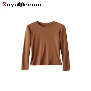 SuyaDream 여성용 보텀 티셔츠, 실크 비스코스 블렌드, 긴팔, 단색 기본 보온 셔츠, 2024 가을 겨울 탑