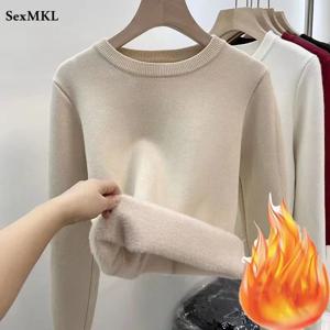 여성용 오목 벨벳 두꺼운 스웨터 겨울 슬림 따뜻한 긴 소매 니트 탑 캐주얼 플러시 양털 안감 소프트 풀오버 여성용
