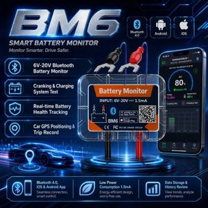 QUICKLYNKS BM6 12V 배터리 모니터 무선 블루투스 자동차 배터리 건강 점검 APP 모니터링 안드로이드 IOS 용 배터리 테스터