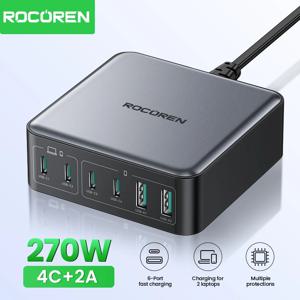 Rocoren 200W GaN 충전기 PD 고속 충전 USB 유형 C 충전기 270W 6 in 1 USBC Power Station For iPhone 16 15 Pro Max Xiaomi 14