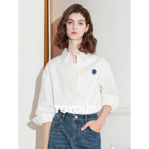 TOYOUTH 여성 블라우스 셔츠 2025 봄 새 꽃 수 놓은 턴 다운 칼라 퓨어 코튼 화이트 캐주얼 셔츠
