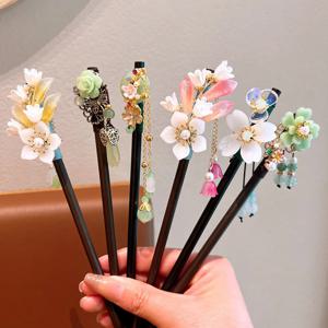 절묘한 꽃 술 나무 머리핀 복고풍 중국 스타일 수제 꽃 머리 스틱 빈티지 여자 여자 Hanfu 헤어 액세서리