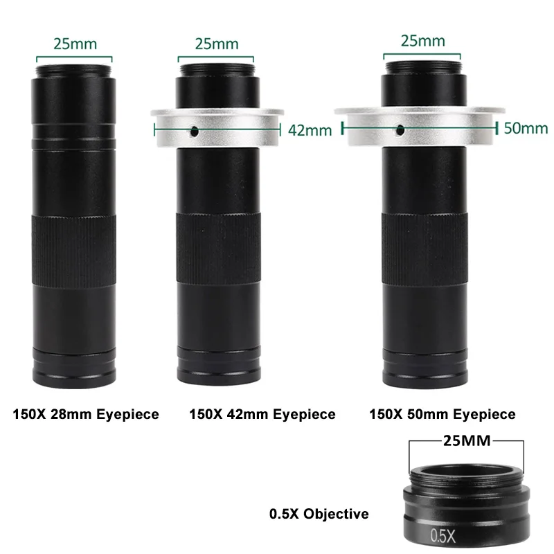 YIZHAN 0.5X 보조 바로우 렌즈 대물렌즈 150X C-마운트 줌 렌즈 25mm 초점 시야각 28/42/50mm 설치 직경